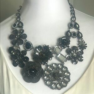 Chic Statement Gunmetal Black and Silver Chunky Floral Rhinestone Bib Necklace